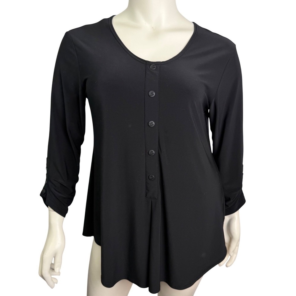 Sympli Tunic Top Button Front Henley High Low Black Travel Jersey Minimalist 16